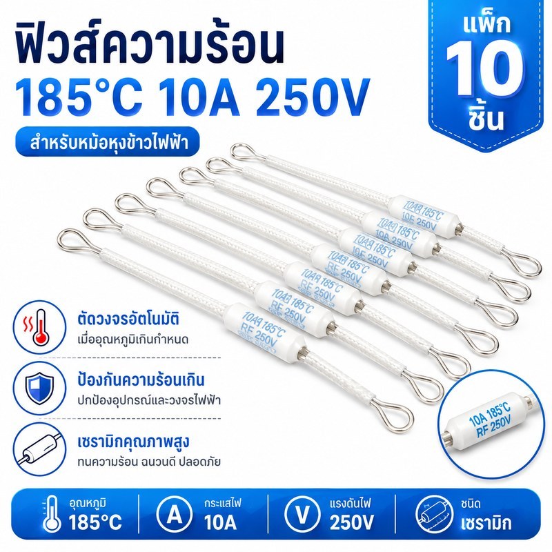 ฟิวส์ความร้อนเซรามิก RF 250V 10A 185°C แพ็ก 10 ชิ้น เทอร์โมฟิวส์สำหรับหม้อหุงข้าวไฟฟ้า ตัดวงจรอัตโนมัติ ป้องกันความร้อนเ