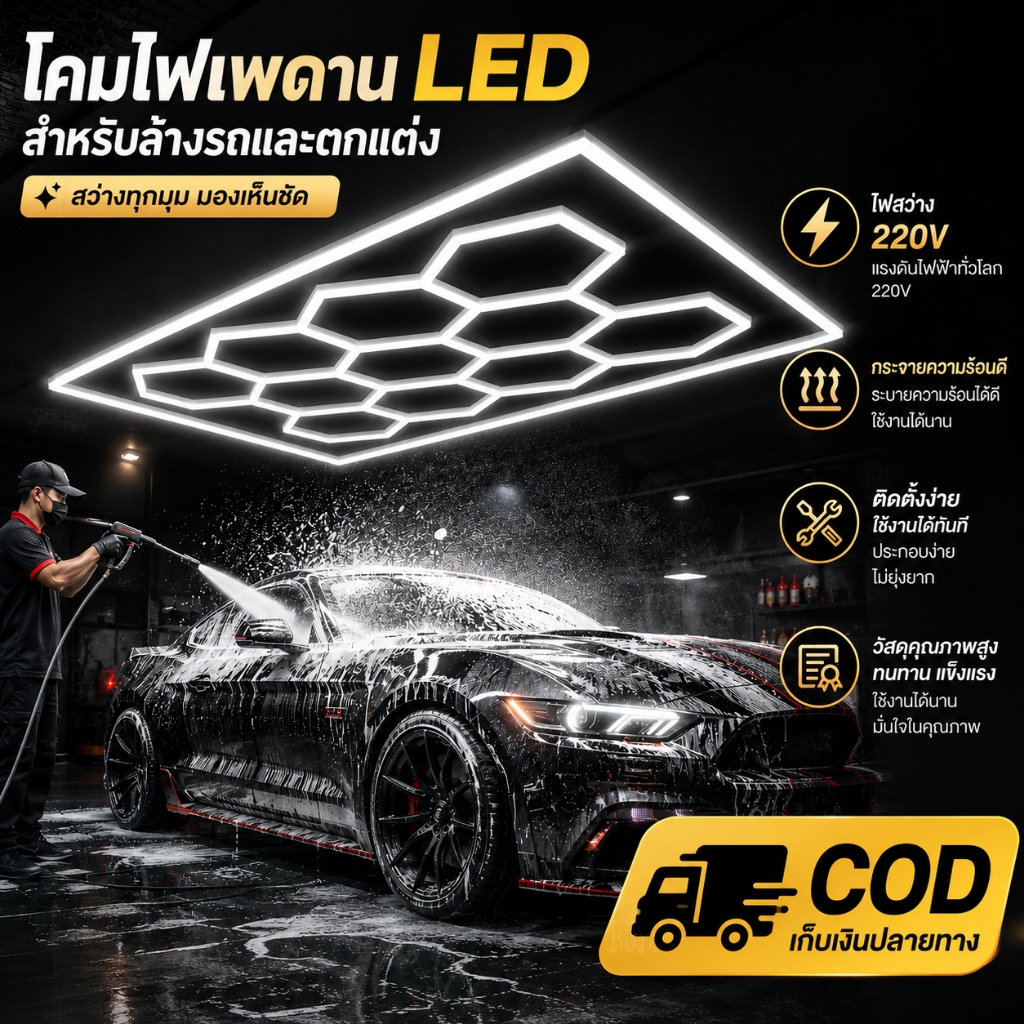 ไฟรังผึ้งหกเหลี่ยม LED ชุดโชว์รถคุณภาพสูง กันน้ำ IP65 แสงขาวสม่ำเสมอ ประหยัดไฟ 80% ใช้ในอู่ซ่อมรถได้ ติดตั้งรวดเร็ว พร้อ