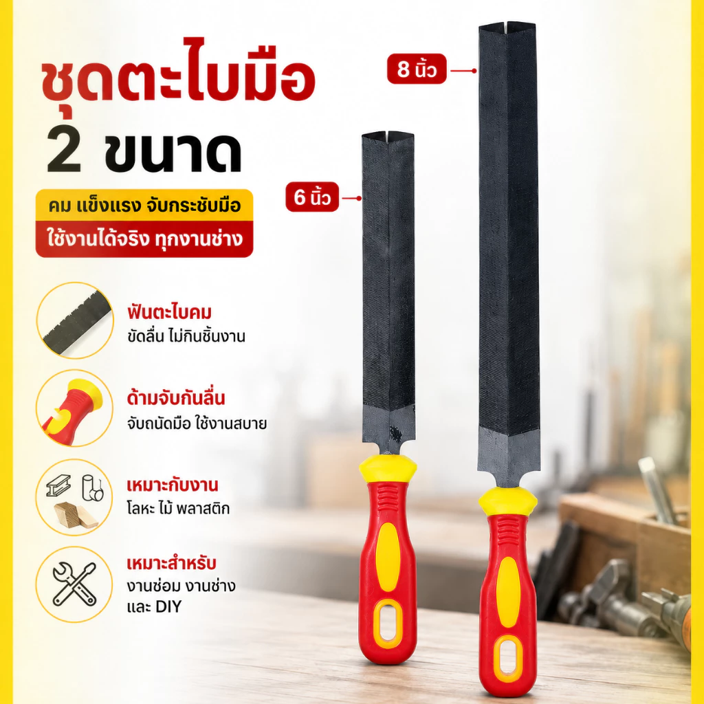 ชุดตะไบมือ 6 นิ้ว + 8 นิ้ว พร้อมด้ามจับ ตะไบเหล็ก ตะไบแบน สำหรับขัดผิว ลบคม แต่งชิ้นงาน งานช่าง DIY ใช้กับโลหะ ไม้ พลาสต