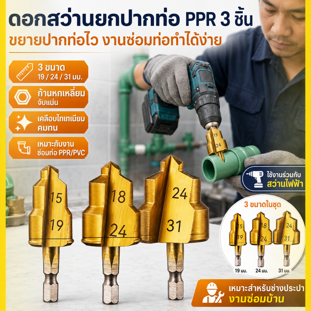 สว่านยกท่อ PPR ดอกสว่านขั้นบันได สำหรับซ่อมและเชื่อมต่อท่อน้ำ ขยายปากท่อ ใช้งานง่าย แข็งแรง ทนทาน