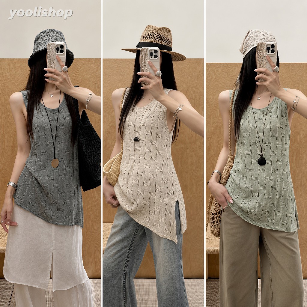 เสื้อแขนกุดผู้หญิง คอกลม ทรงหลวมตัวยาว ลายถักโปร่ง ผ่าชาย ใส่สบาย แฟชั่นผู้หญิง ชุดเที่ยวทะเล' X163