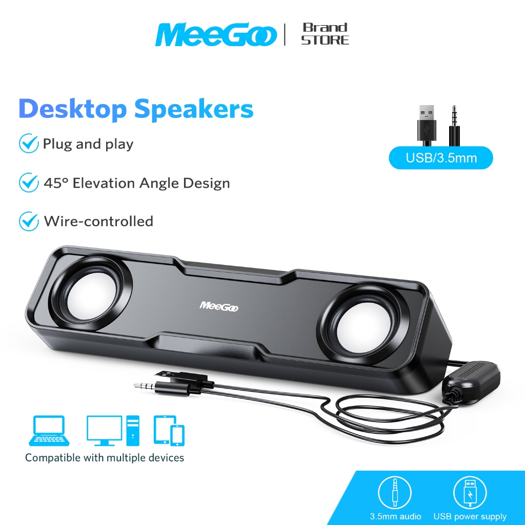 MEEGOO ลำโพงบาร์คอมพิวเตอร์ 2x3W เสียงสเตอริโอ USB เสียบสาย3.5มม ปุ่มปรับระดับเสียง ใช้โน้ตบุ๊คพีซี พร้อมส่ง