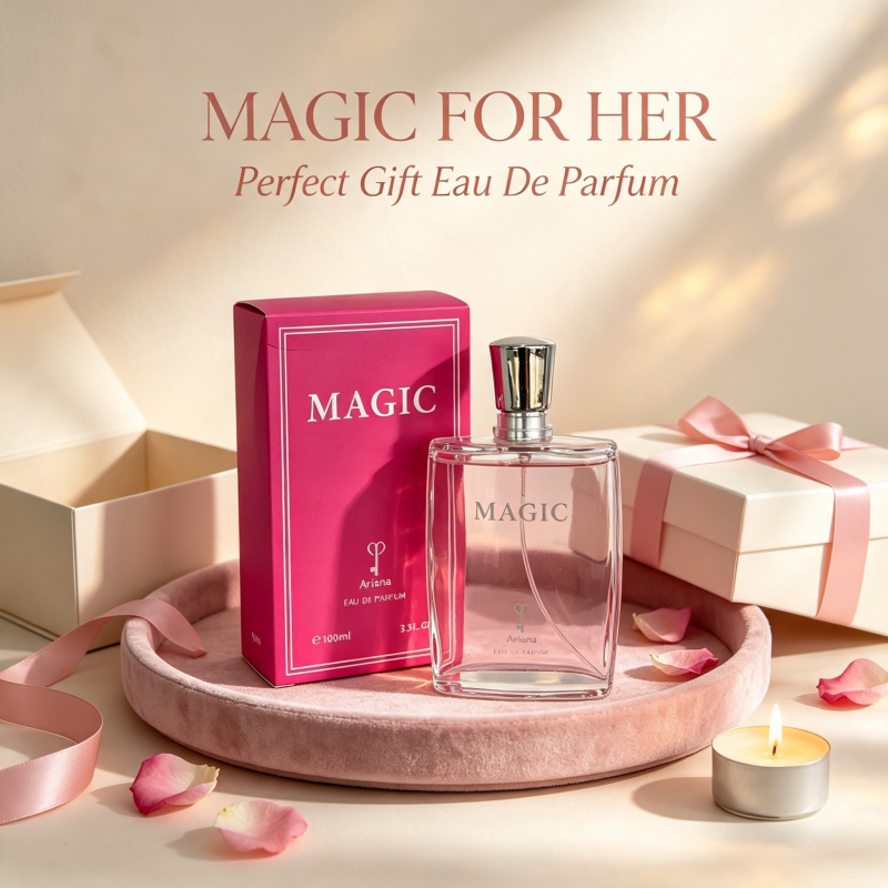 Ariana Magic Eau De Parfum 100ml, Clear square perfume bottle with polished silver cap, bright magenta minimalist gift b