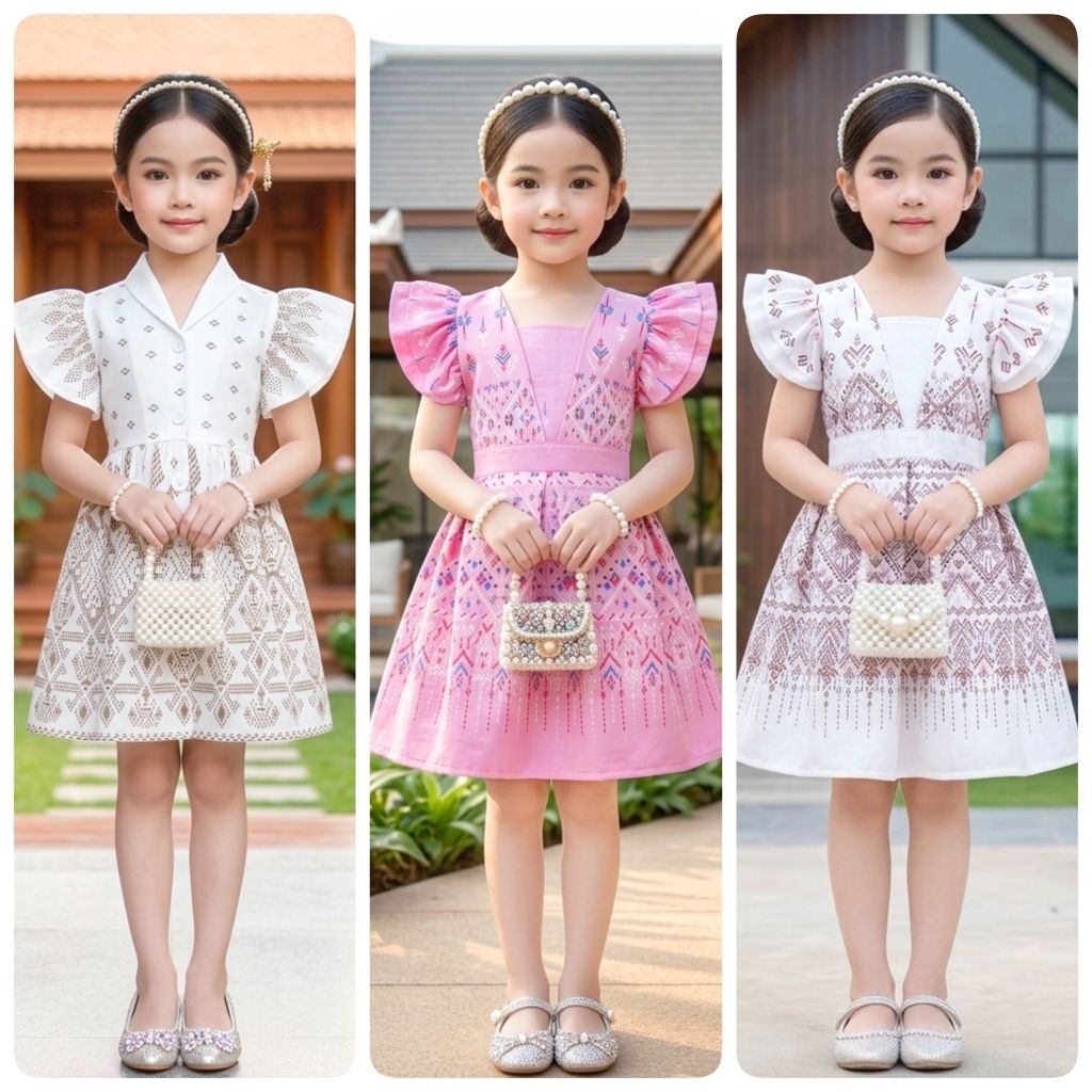 ชุดไทยเด็ก รุ่นมินิเดรสเด็กผู้หญิง แขนระบายมีเชือกผูกเอว**ไม่รวมเครื่องประดับ**
