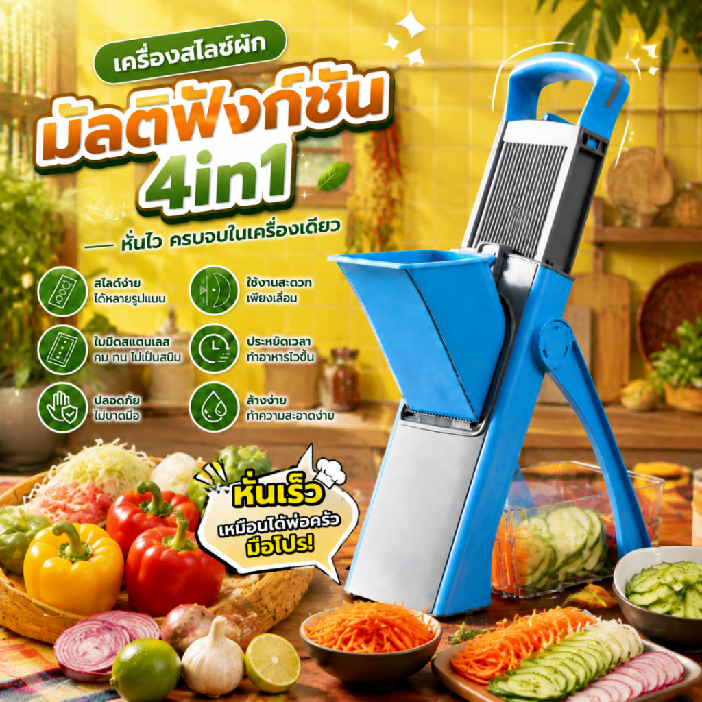 เครื่องตัดผักมัลติฟังก์ชั่น 4in1 สไลด์-ขูด-ซอยได้หมด ใบมีดสแตนเลสคุณภาพ กันบาดมือ ใช้สะดวก ล้างทำความสะอาดง่าย