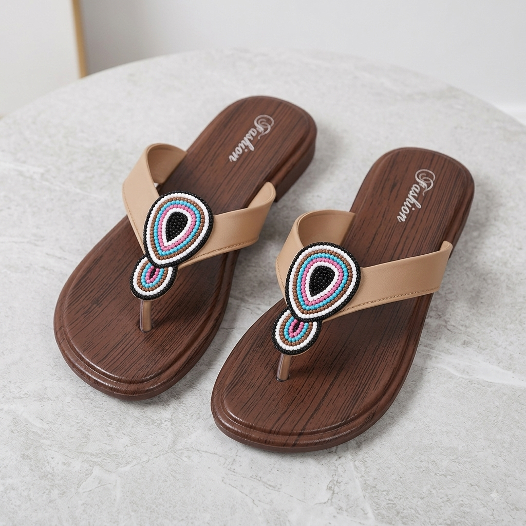 พร้อมส่งจากไทย【3602】 รองเท้าแตะหูคีบแต่งลูกปัดสไตล์ โบฮีเมี่ยน