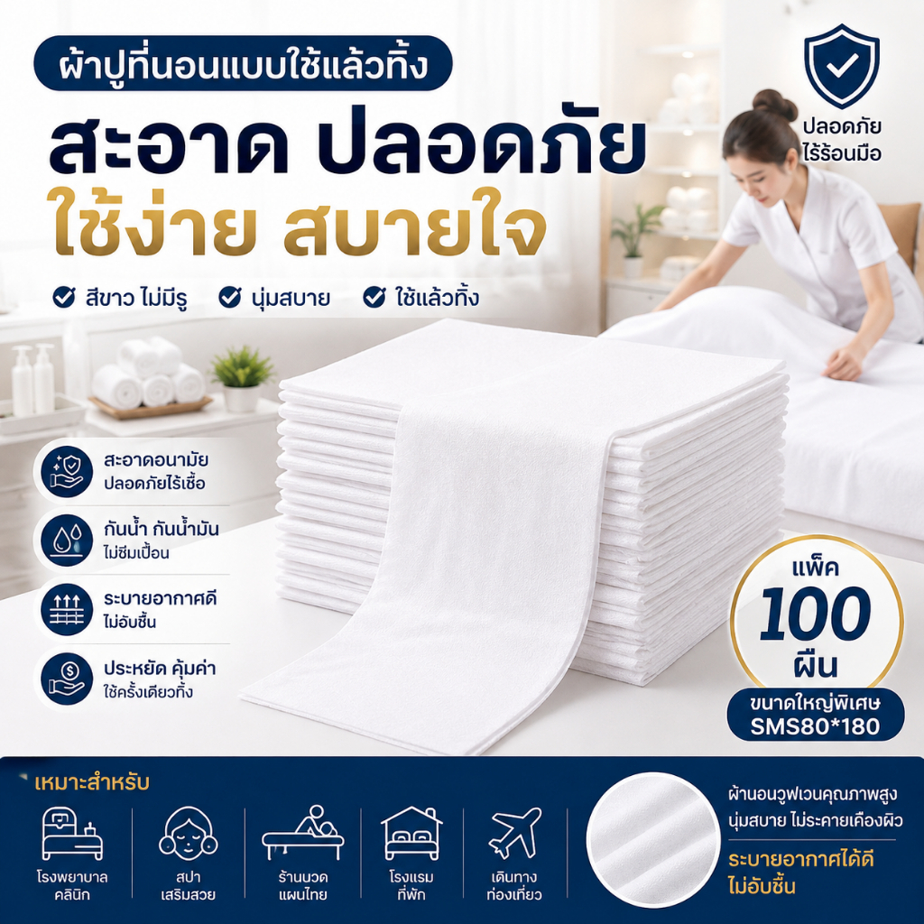 กระดาษปูเตียงใช้แล้วทิ้ง ใช้แล้วทิ้งได้ทันที ขนาดใหญ่ 80x180 ซม. สีขาว 100ชิ้น เหมาะสำหรับร้านนวด สปา ร้านเสริมสวย และโร