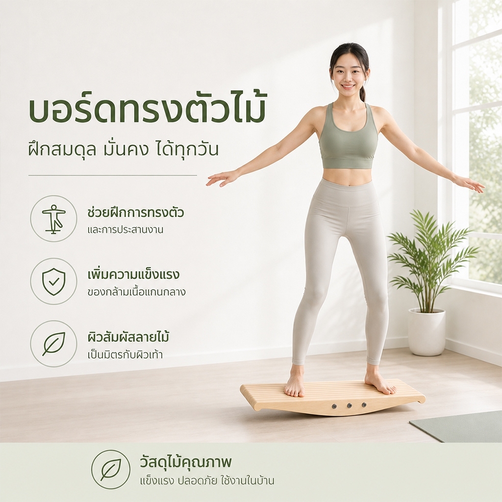 Balance Board แผ่นกระดานทรงตัวไม้ ฝึกการสมดุล แข็งแรงทนทาน อุปกรณ์ออกกำลังกาย ออฟฟิศ