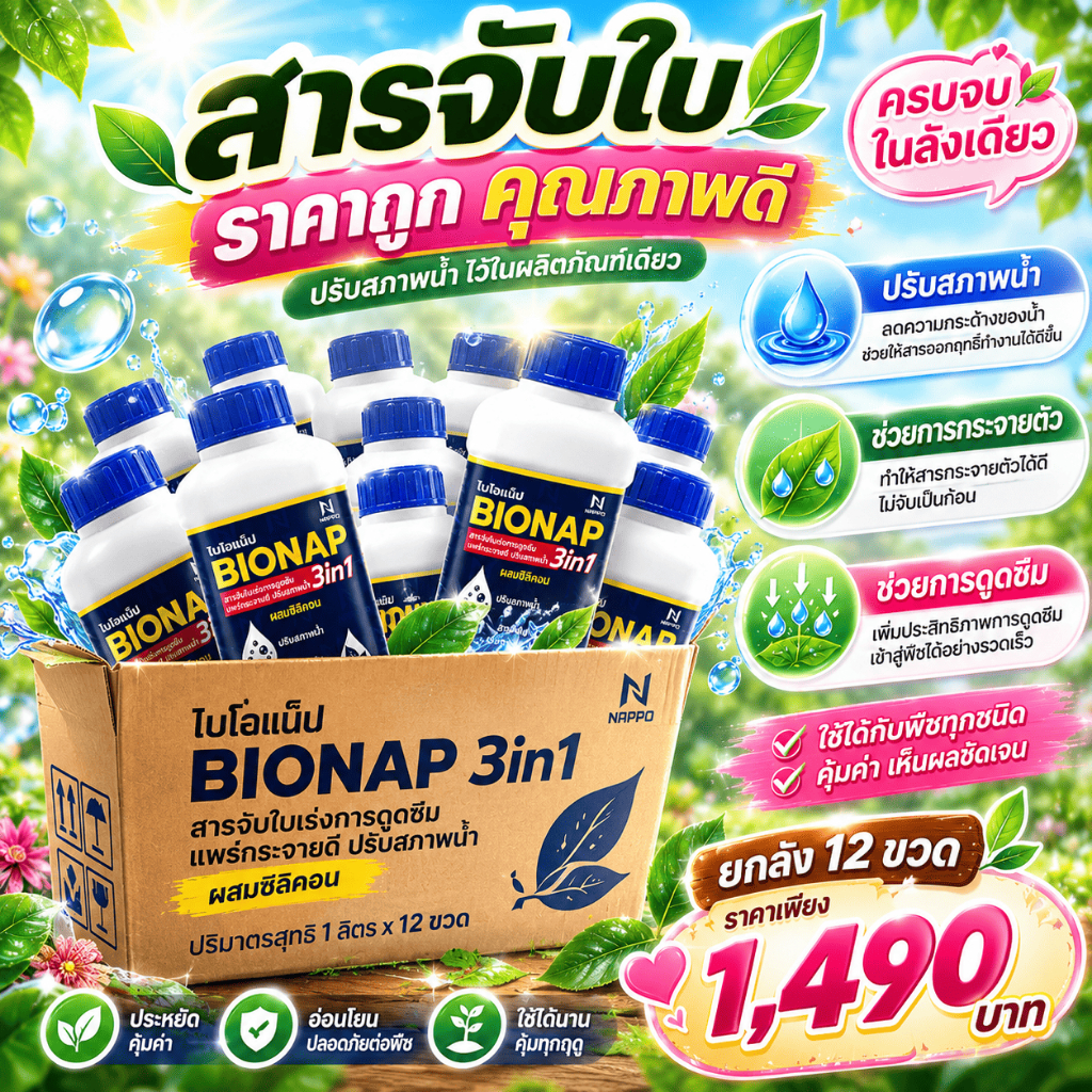 สารจับใบ 3in1 ปรับสภาพน้ำ (ยกลัง12ขวด)ไบโอแน็ป ช่วยการกระจายตัวและการดูดซึม ขนาด 1 ลิตร รวม12ลิตร