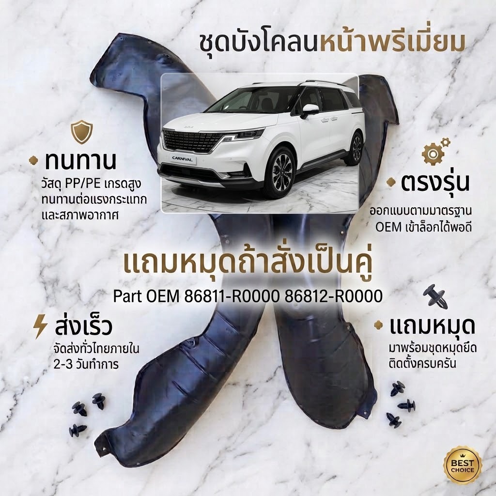 ซุ้มล้อหน้าพลาสติก Kia​​ Carnival​ gen4​ ปี 2021-2025 แถมกันชื้นไฟหน้า แถมหมุดหากซื้อคู่