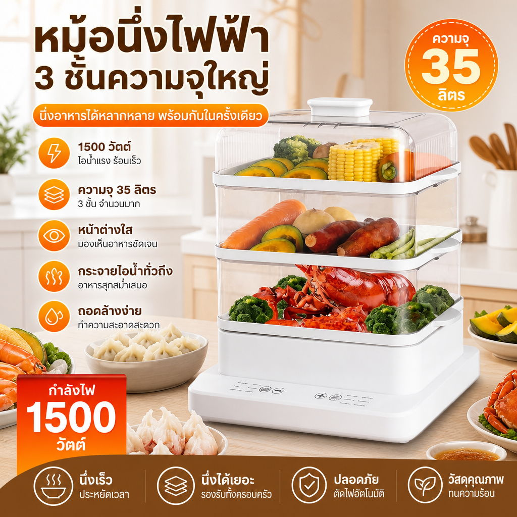 หม้อนึ่งไฟฟ้า 1500W 35 ลิตร 3 ชั้น ตัวใส มองเห็นอาหารระหว่างนึ่ง สำหรับซาลาเปา เกี๊ยว ขนมปัง ผัก อาหารทะเล ใช้ในบ้านและร
