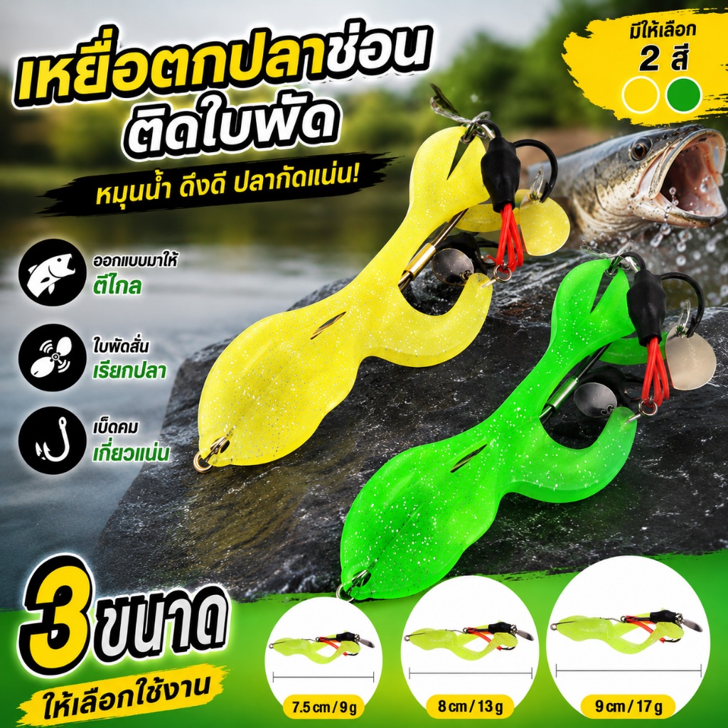 เหยื่อปลอมรูปกบ มีตะขอคู่ ตกแต่งด้วยแผ่นโลหะ มีให้เลือก 3 ขนาด 9 กรัม 11 กรัม และ 14 กรัม