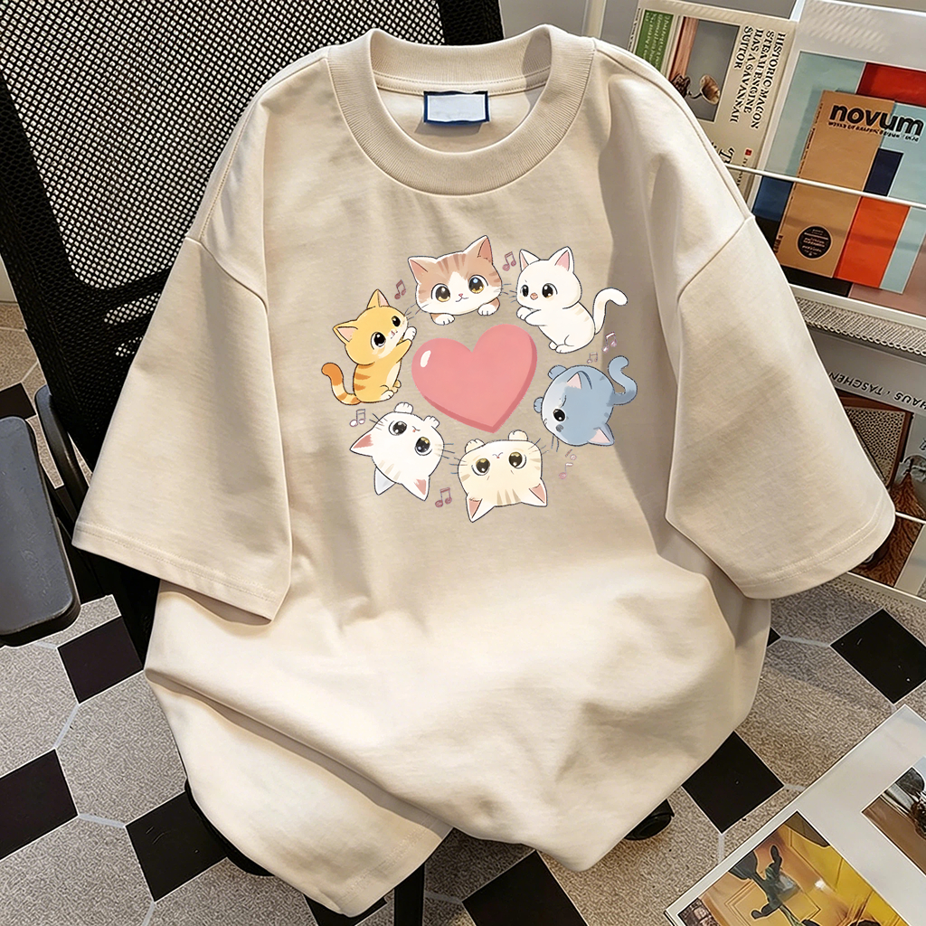 เสื้อโซโลน่า oversize สไตล์เกาหลี ผู้หญิง พิมพ์ลายแมวการ์ตูนน่ารัก หัวใจ ดนตรี แขนสั้น ทรงกว้าง ใส่สบาย แฟชั่น