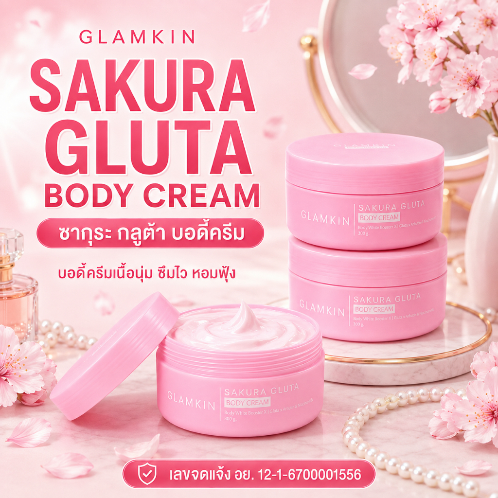 GLAMKIN ครีมบำรุงผิวกาย Sakura Gluta Body Cream 300g ผสมคาเวียร์คอลลาเจน กระจ่างใสเนียนนุ่มชุ่มชื้น