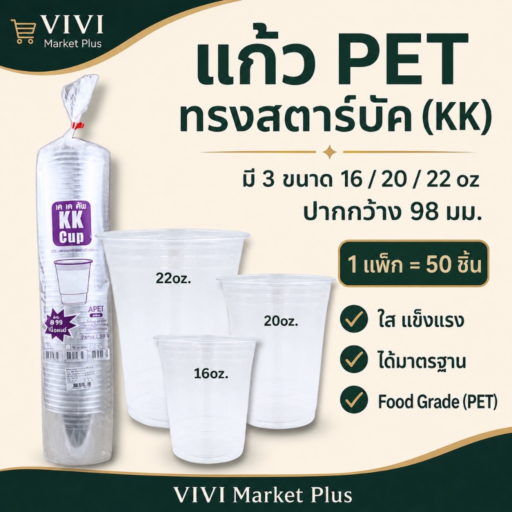 (แบบแพ็ค)_KK Cup แก้ว PET ทรงสตาร์บัค 16/20/22 ออนซ์ แก้ว PET ปาก 98 (1แพค บรรจุ 50ใบ)
