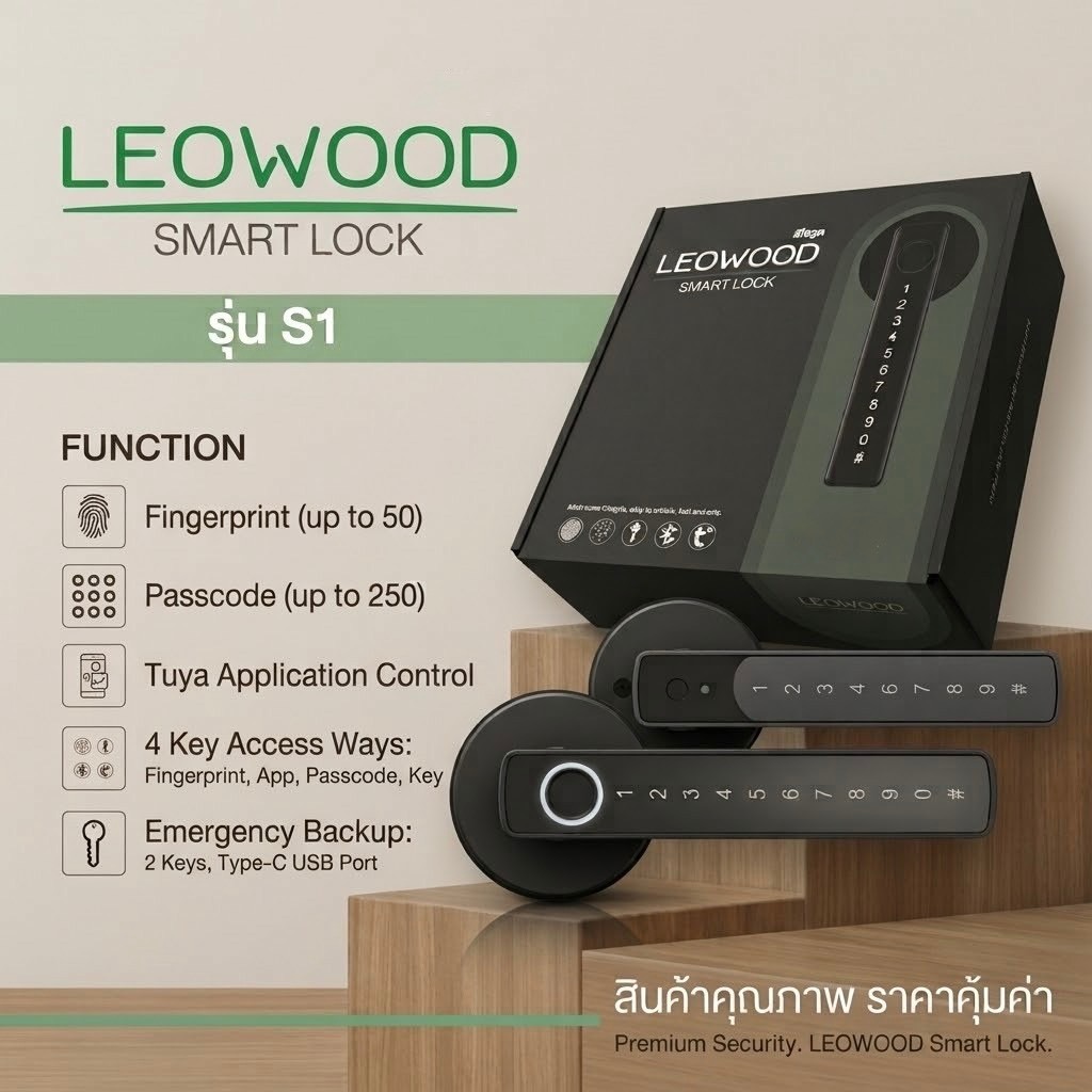 Leowood Smart Lock ดิจิตอลล็อคแบบก้านโยก รุ่น S1 ปลดล็อกง่าย รวดเร็ว ปลอดภัย ด้วยระบบสแกนลายนิ้วมือ 