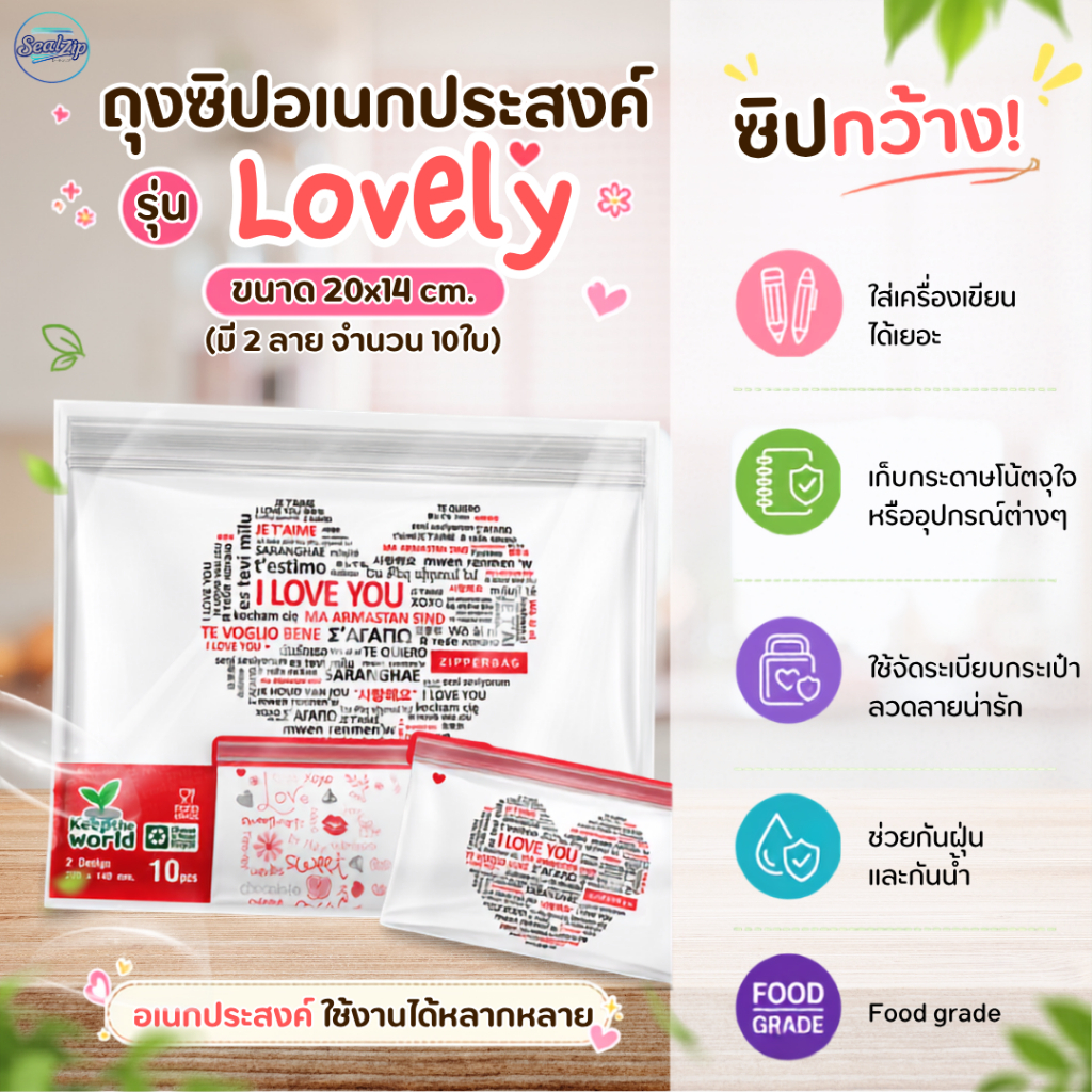 Sealzip รุ่น Lovely 1 แพ็คมี 10 ใบ ถุงซิปลายน่ารัก ซิปแน่น ใช้ง่ายทุกวัน ลายน่ารัก สดใสทุกใบ