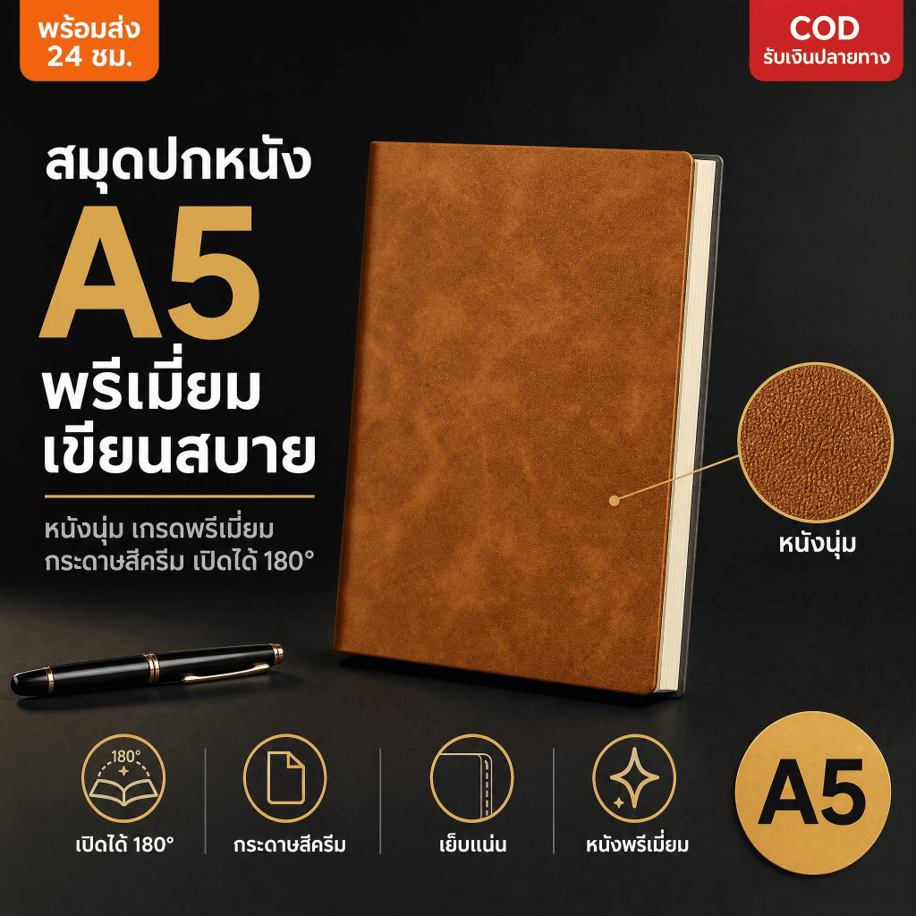 สมุดบันทึกหนังพรีเมียม A5 สมุดโน้ตปกแข็ง เรียบหรูสไตล์ธุรกิจ กระดาษถนอมสายตา เขียนลื่นไม่ซึม เหมาะสำหรับเป็นของขวัญ