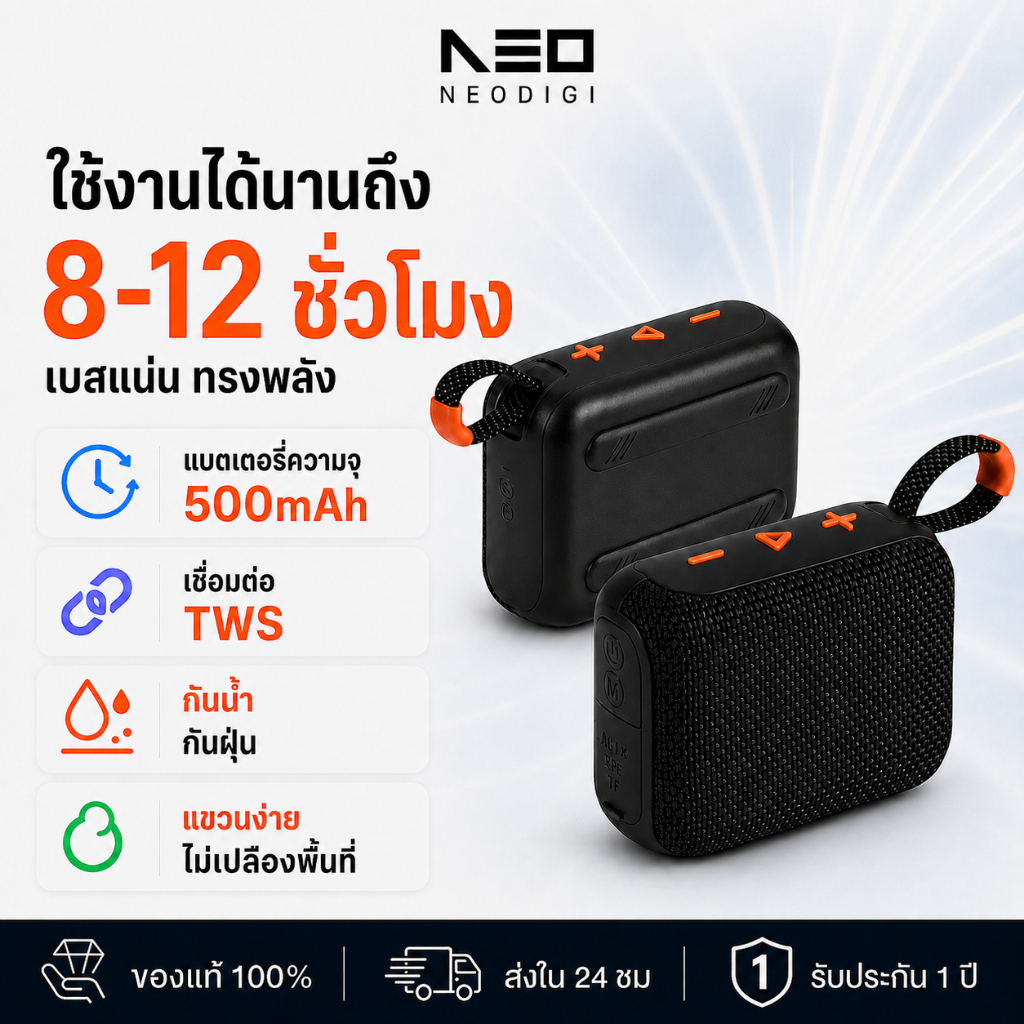 NEODIGI G04 ลำโพง Bluetooth แบบพกพา เชื่อมต่อ TWS กันน้ำกันฝุ่นระดับ IP67 แบตเตอรี่ 500mAh ใช้งานนานสูงสุด 8 ชั่วโมง