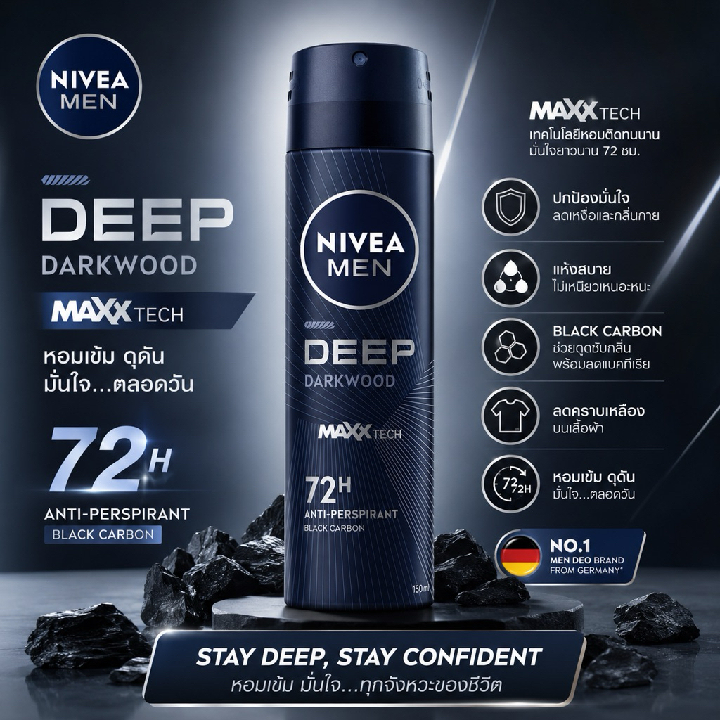 NIVEA Men Deep Darkwood Spray 150 Ml. นีเวีย เมน ดีพ ดาร์กวูด สเปรย์ ระงับกลิ่นกาย สำหรับผู้ชาย