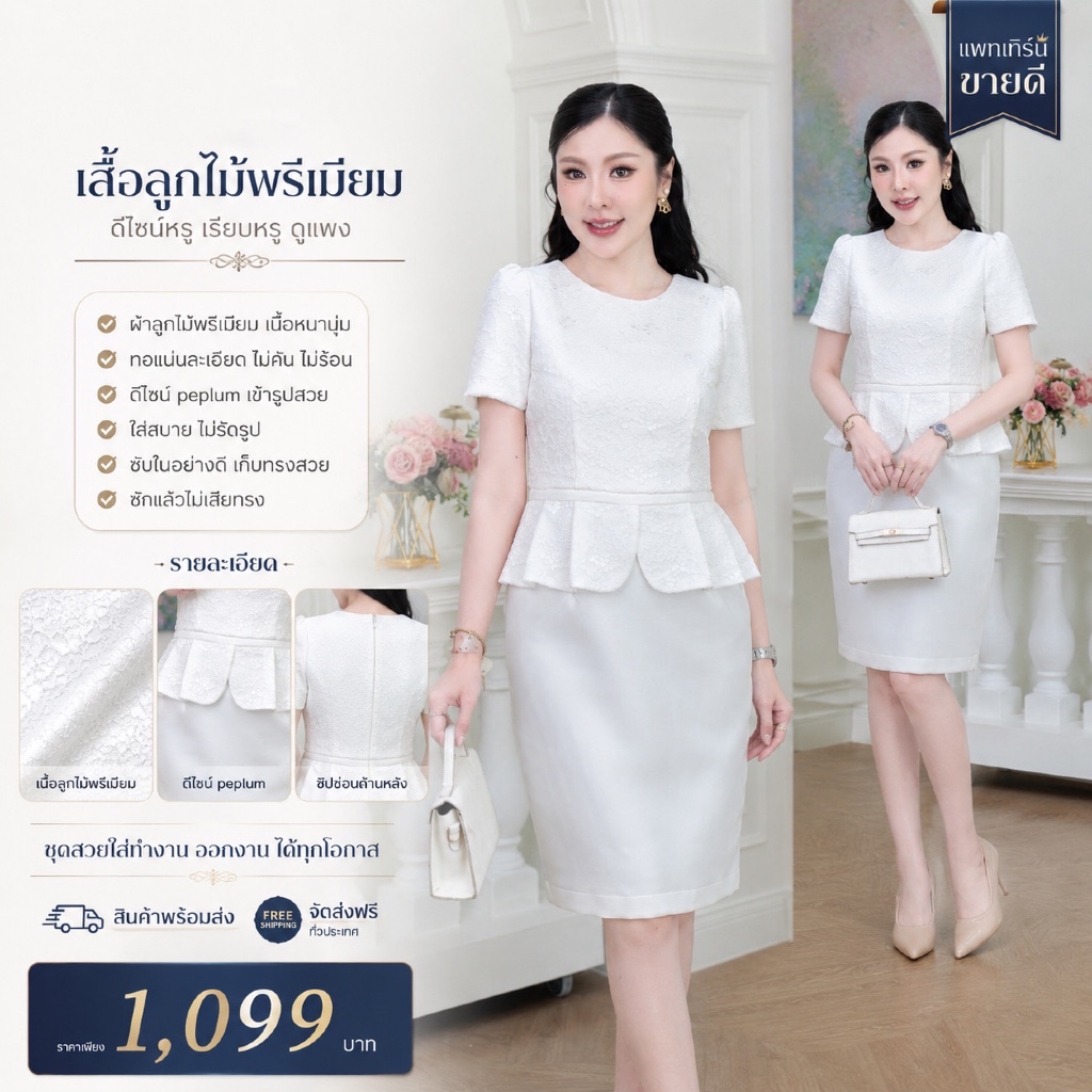 ชุดเสื้อลูกไม้ขาว เดรสทรงเอวระบาย ลายลูกไม้โทนสีขาว แขนสั้นคอกลม แต่งกุ้นขอบเอว ทรงสอบไม่มีกระเป๋าข้างกระโปรงผ้าเปเป้