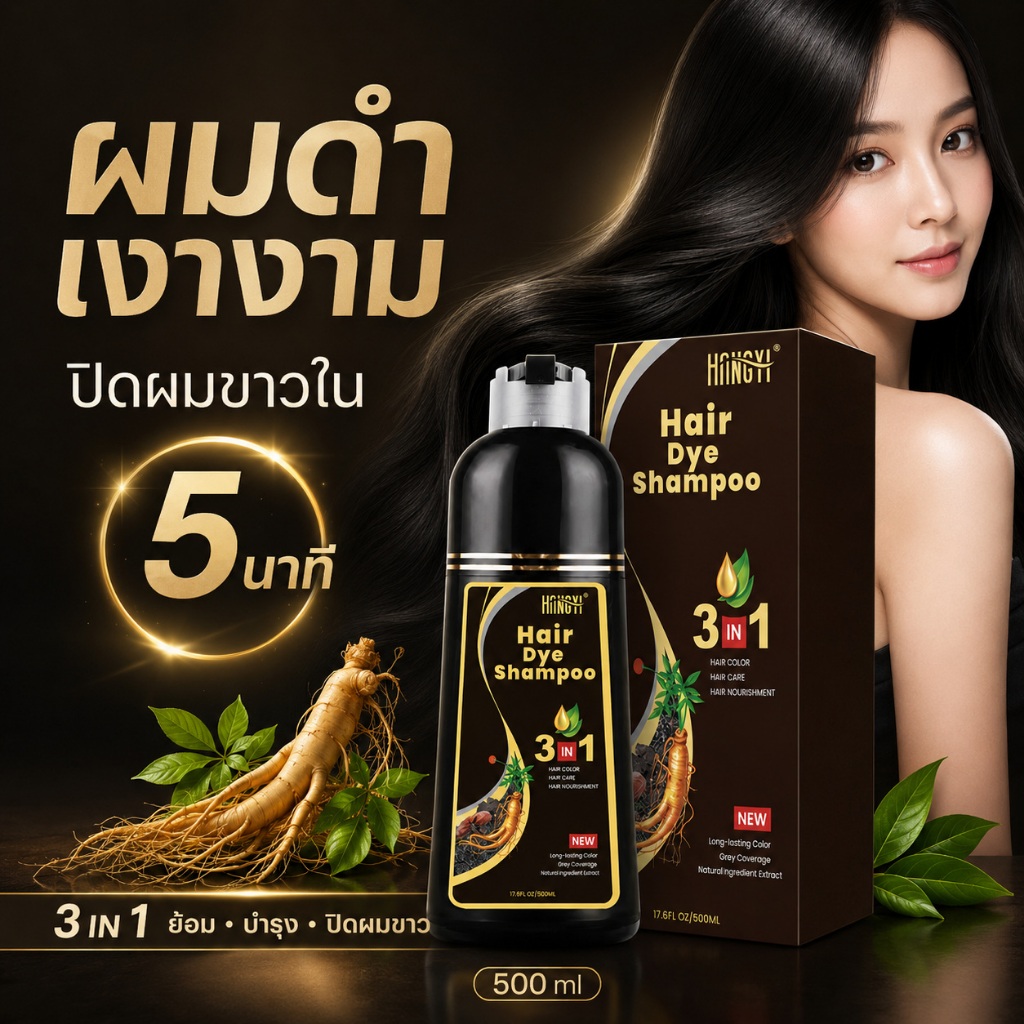HINGYI Hair Dye Shampoo แชมพูปิดผมขาว 3in1 สีดำ 500ml ปิดผมหงอกใน 5 นาที ย้อม บำรุง ปิดผมขาว สมุนไพร