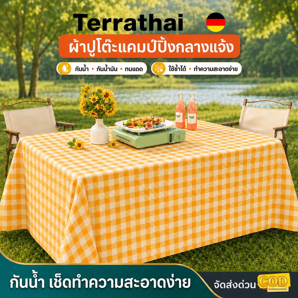 Terrathai ผ้าปูโต๊ะ ผ้าคลุมโต๊ะอาหาร ลายตาราง ลายสก๊อต สีพื้