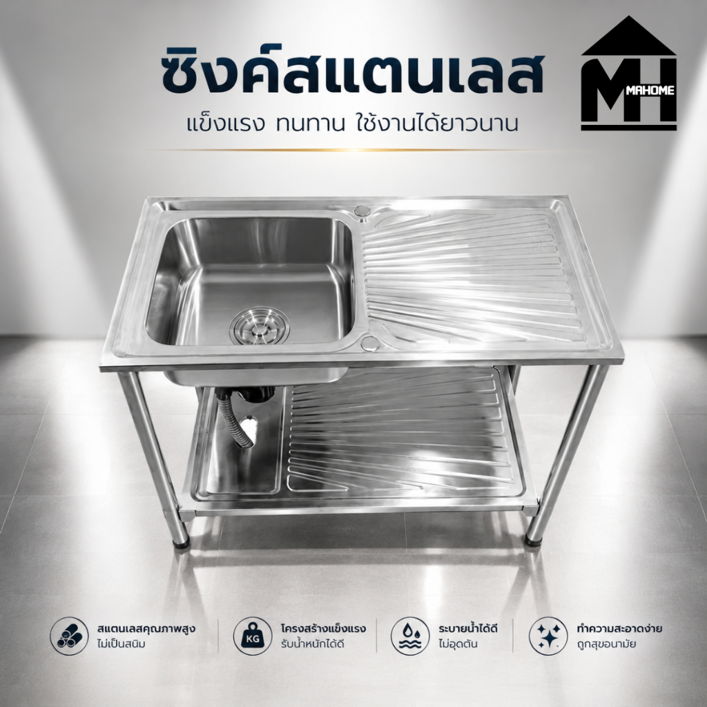อ่างล้างจานพร้อมขาตั้ง 1 หลุมมีที่พัก SUS304 100x50x80 ซม.