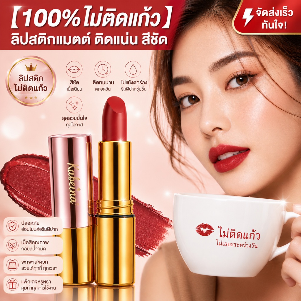 Kabeina ลิปสติกแมตต์ ลิปสติกกันน้ำ ติดทนนานตลอดวัน ไม่ติดแก้ว สีชัดกลบสีปากมิด
