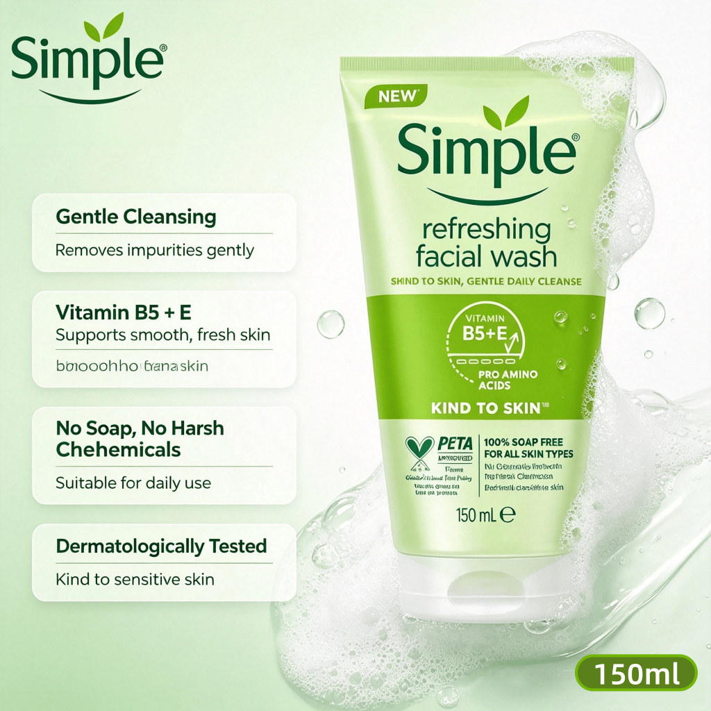Simple Refreshing Facial Wash 150ml โฟมล้างหน้าสูตรสดชื่น มีวิตามิน B5+E กรดอะมิโน ทำความสะอาดอ่อนโย