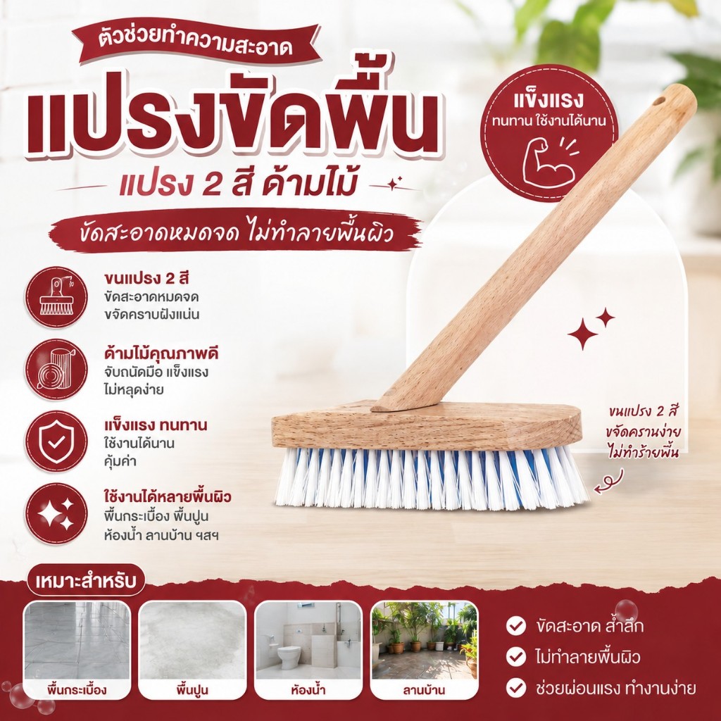 CTB05-1 แปรงขัดพื้น พร้อมด้าม แปรงไนลอน แปรงขัดห้องน้ำ แปรงขัดมีด้ามจับ ด้ามจับเป็นไม้ คละสี ( พร้อมส่ง )
