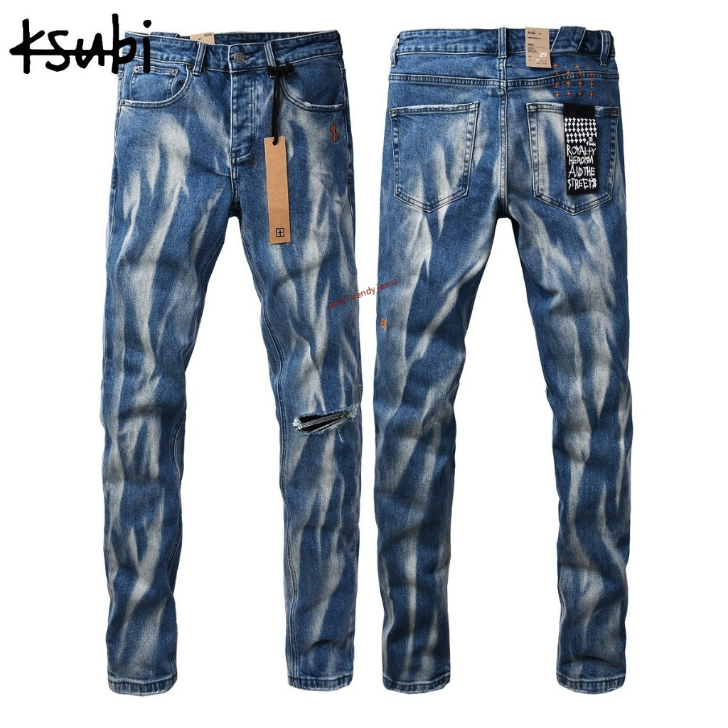 Ksubi กางเกงยีนส์ผู้ชายลายมัดย้อมใหม่ กางเกงยีนส์รัดรูปขาดๆ 3066