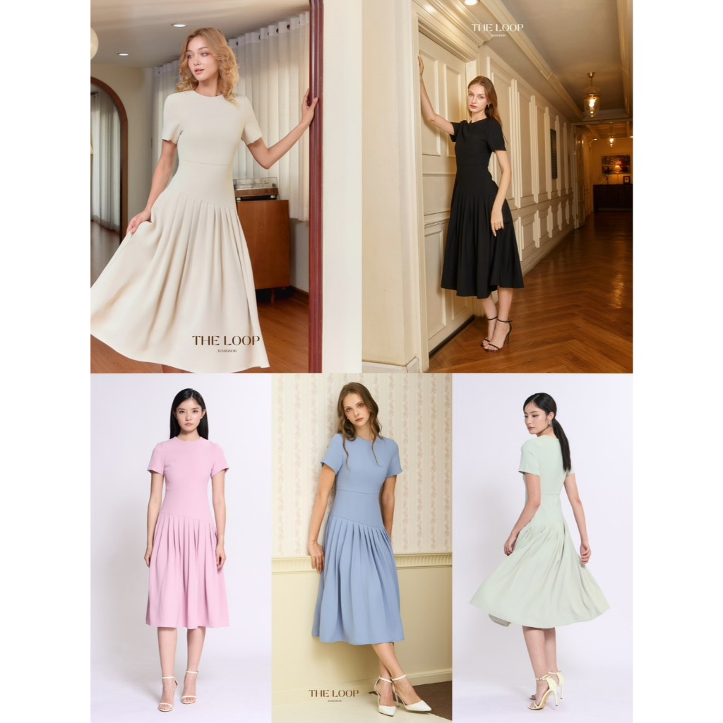 TheLoopBangkok | Madelyn เดรสกระโปรงแชมเปญจับจีบ ทรงซิกเนเจอร์เก็บหน้าท้องช่วยให้ดูมี shape มากขึ้น