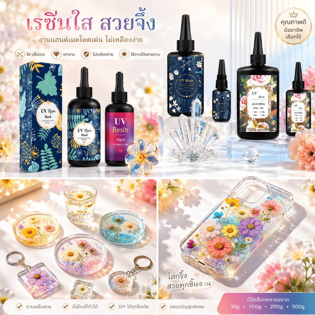 ยูวีเรซิ่น(UV Resin Hard) ชนิดแบบแข็ง เหมาะกับงานฝีมือ DIY ตกแต่งชิ้นงาน เคลือบเคส