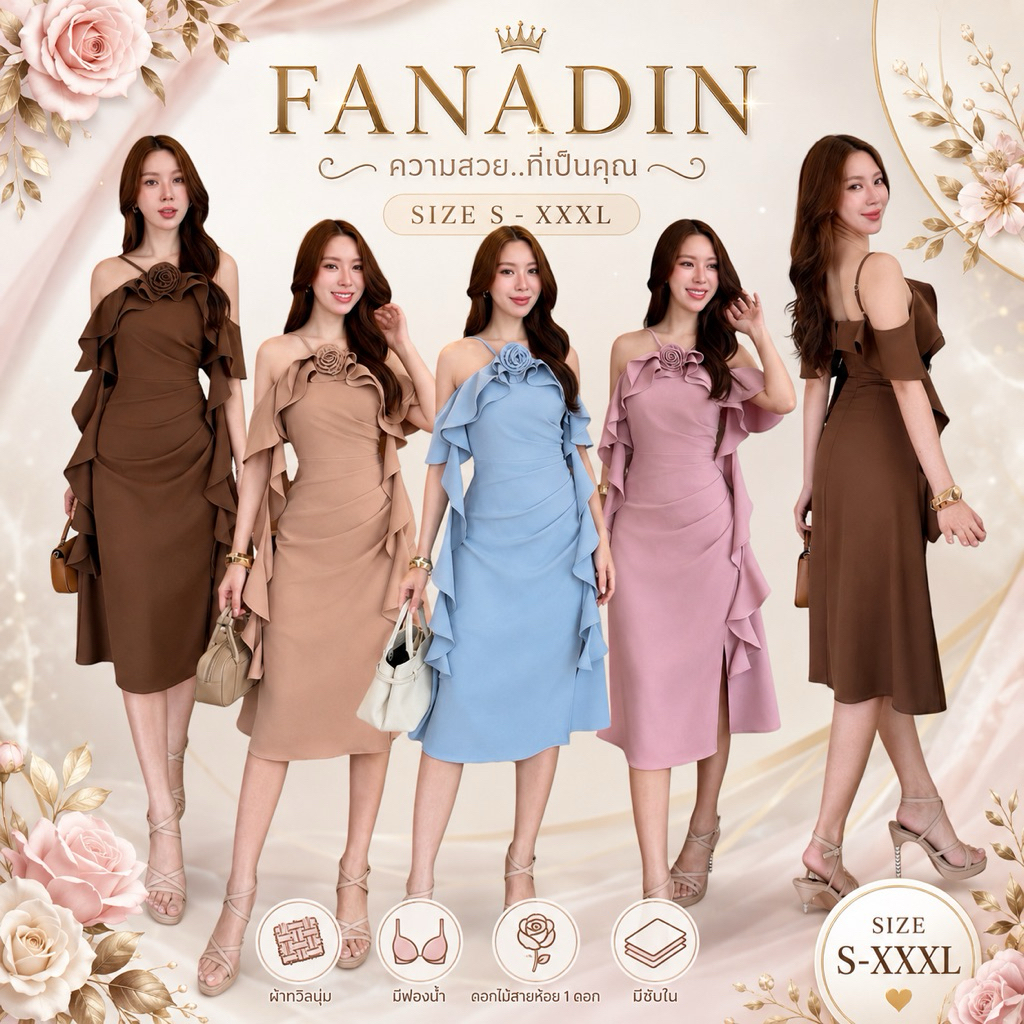 ชุดเดรส ชุดออกงาน ชุดราตรี FP082 เกรดพรีเมี่ยม สายเดี่ยว อ้อมแขน มีดอกไม้1ดอก