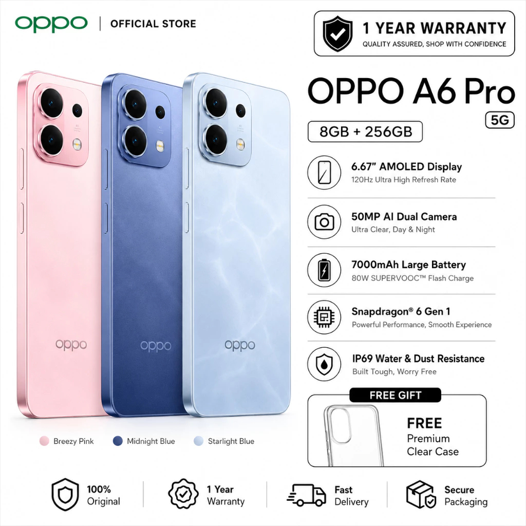 OPPO A6 Pro 5G (8GB+256GB) จอแสดงผล AMOLED ขนาด 6.57 นิ้ว ความถี่ 120Hz แบตเตอรี่ 6500mAh รองรับการช