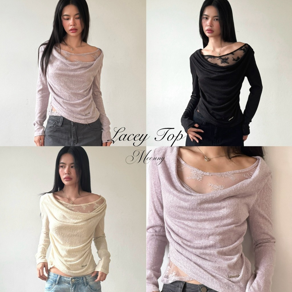 Meenny Closet | LM02 (มี Size) เสื้อแขนยาวคอถ่วงดีเทลลูกไม้