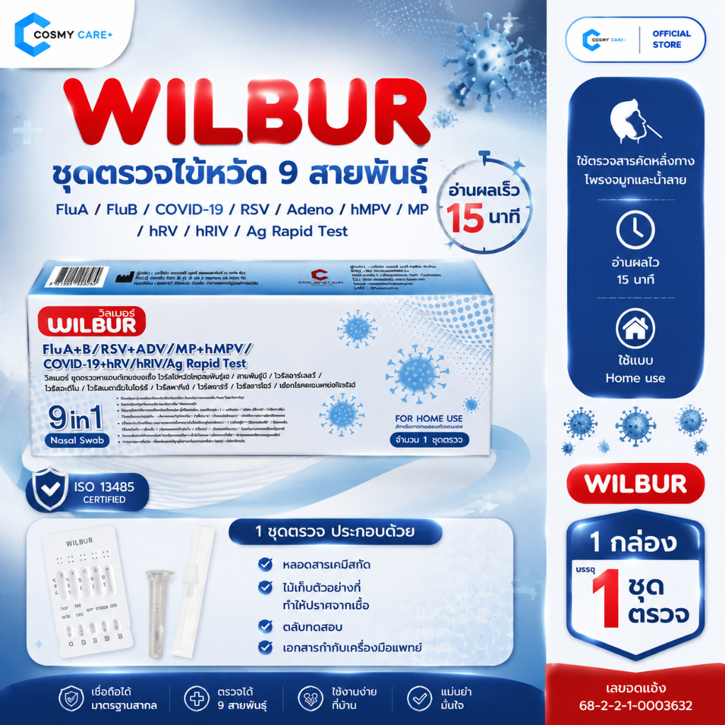 ( ตรวจRSVได้! ) WILBUR ชุดตรวจไวรัสโควิดไข้หวัด เเบบ 9IN1 คุณภาพสูง  รู้ผลรวดเร็วแม่นยำ ใช้ใน 15 นาที  สำหรับใช้ในบ้าน