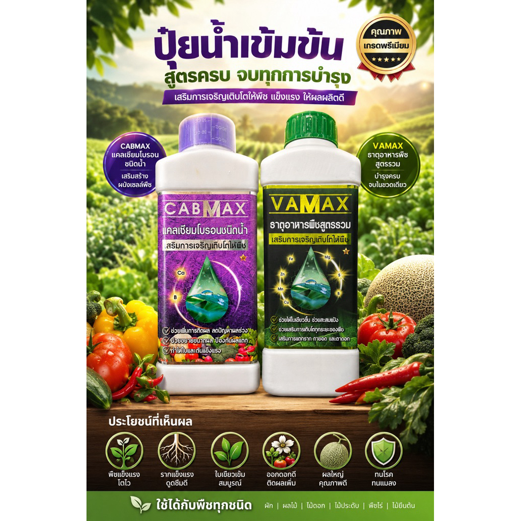 ชุด 1 แถม 1 (ปุ๋ยธาตุรวม VAMAX + CABMAX แคลเซียมโบรอน และสารอาหารรวม ) ปลอดภัยขึ้นทะเบียนจากกรมวิชาการเกษตร (c1+v1)