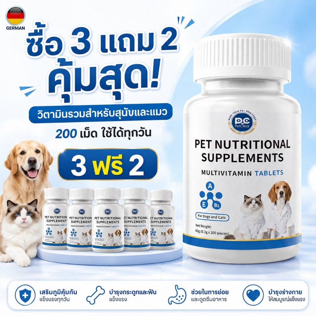 PetClear วิตามินรวมสุนัขและแมว 200 เม็ด อาหารเสริมสัตว์เลี้ยง ซื้อ 3 แถม 2