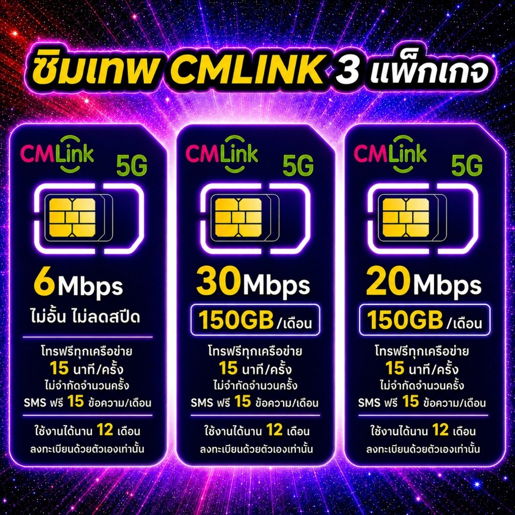 ซิมเทพ ใช้เสาเดียวกับ True CMLink ราย 12 เดือน เน็ต 6Mbps/ไม่อั้น 30Mbps/150GB 30Mbps/100GB พร้อมใช้