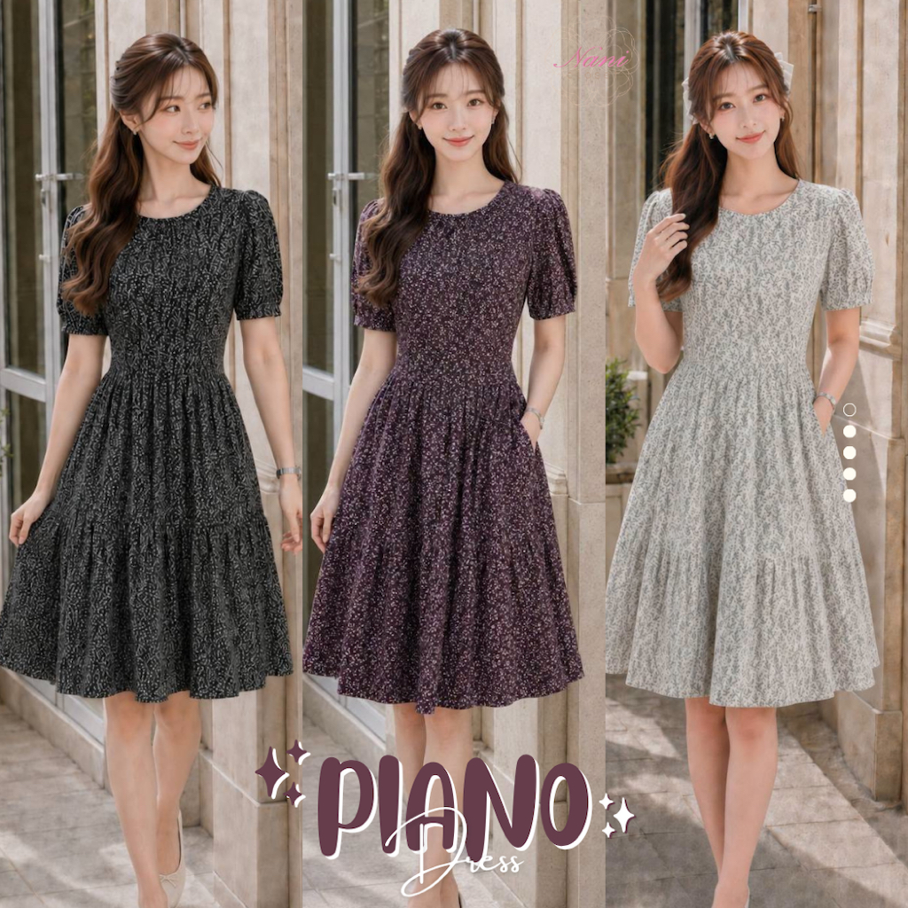 Piano Dress เดรสไม่ต้องรีดเลย ผ้าเกาหลีเนื้อดี มีกระเป๋าข้าง คอกลม ตัวกระโปรงตัดต่อเรเยอร์พริ้วสบาย