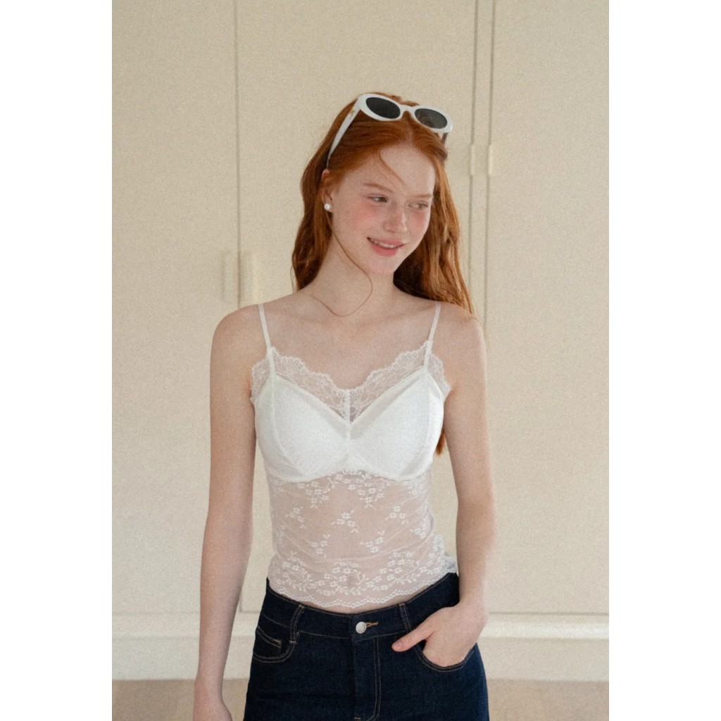 [พรีออเดอร์] [รบกวนลูกค้าอ่านรายละเอียดก่อนสั่งซื้อนะคะ] EGGKA : Lace Trim Floral Sheer Bodysuit Tank Top