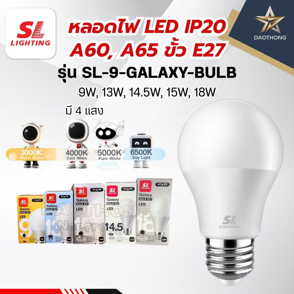 SL LIGHTING หลอดไฟ LED รุ่น SL-9-GALAXY-BULB ขั้วหลอด E27 9W, 13W, 14.5W, 15W, 18W แสง 3000K, 4000K, 5000K, 6500K IP20