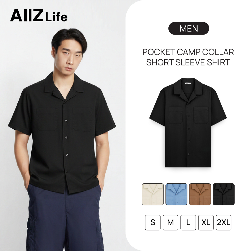 AIIZ (เอ ทู แซด) - AIIZ เสื้อเชิ้ตผู้ชายแขนสั้นปกฮาวาย มีกระเป๋า AIIZ Men's Pocket Camp Collar Short