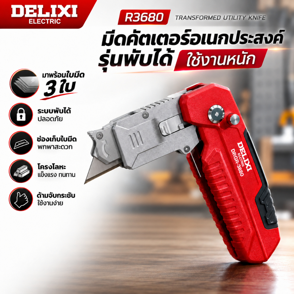 พร้อมส่งในไทย DELIXI รุ่น DLX-DWGR-3680 มีดคัตเตอร์อเนกประสงค์แบบพับได้ พกพาสะดวก มีช่องสำหรับเก็บใบมีดสำรองในตัว