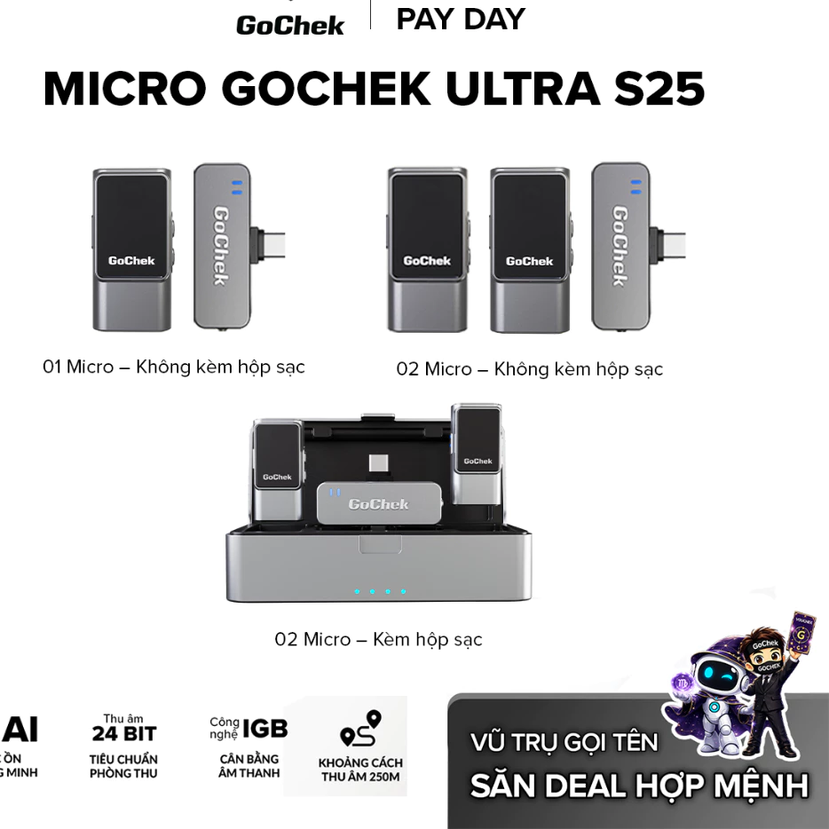 GoChek Ultra S25 ไมโครโฟนไร้สายตัดเสียงรบกวนด้วย AI ปรับสมดุลเสียงคุณภาพเสียงมาตรฐานสตูดิโอไมค์ใช้ได้กับสมาร์ตโฟนทุกรุ่น