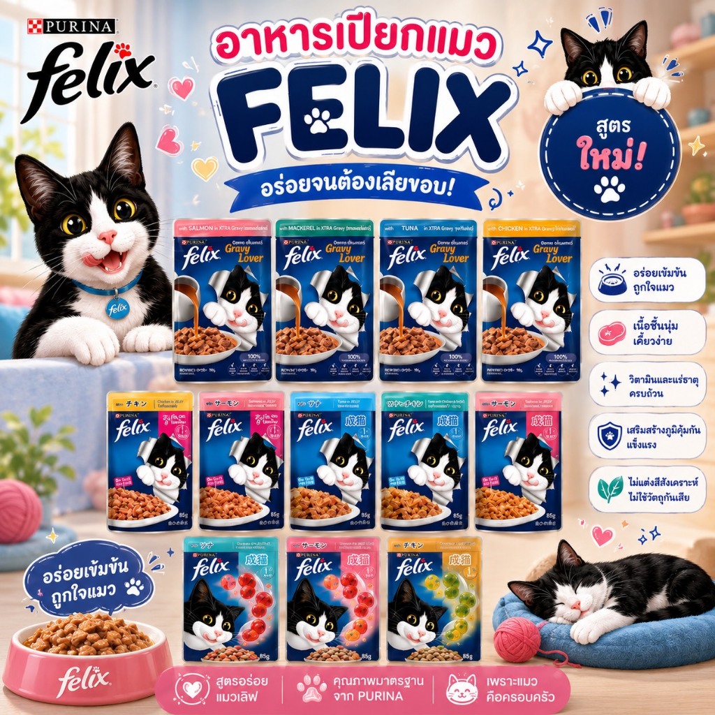 ( 1 ซอง ) Felix อาหารเปียกแมว หลากหลายรสชาติ Felix ( 1 ซอง )