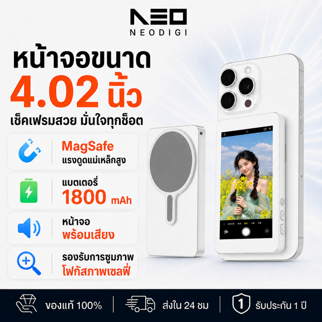 NEODIGI Recording Display Screen จอมอนิเตอร์สำหรับเซลฟี่ แบบแม่เหล็ก 1800 mAh อุปกรณ์เสริมสำหรับเซลฟี่ หน้าจอ 4.02 นิ้ว