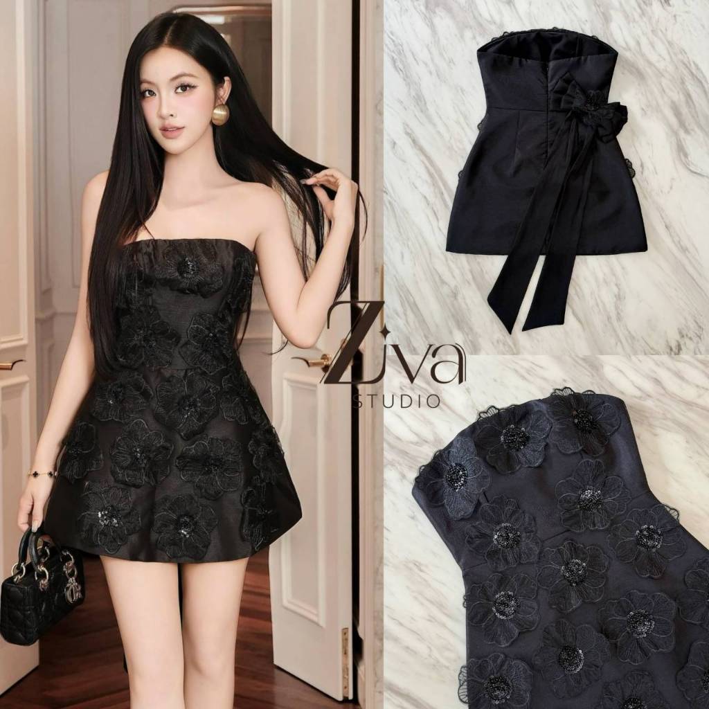 𝖹𝖨𝖵𝖠 MINI DRESS. BLACK. เดรสเกาะอก ดีไซน์ทรงA